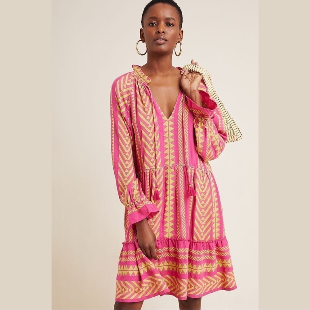 Anthropologie Pink and Yellow Patterned Dress